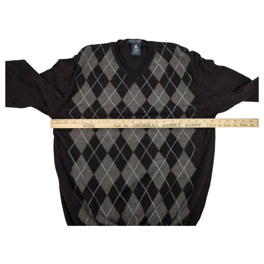 Marco Fiori Sweater Mens Size‎ L Brown Argyle Made In Italy Merino Wool Business
